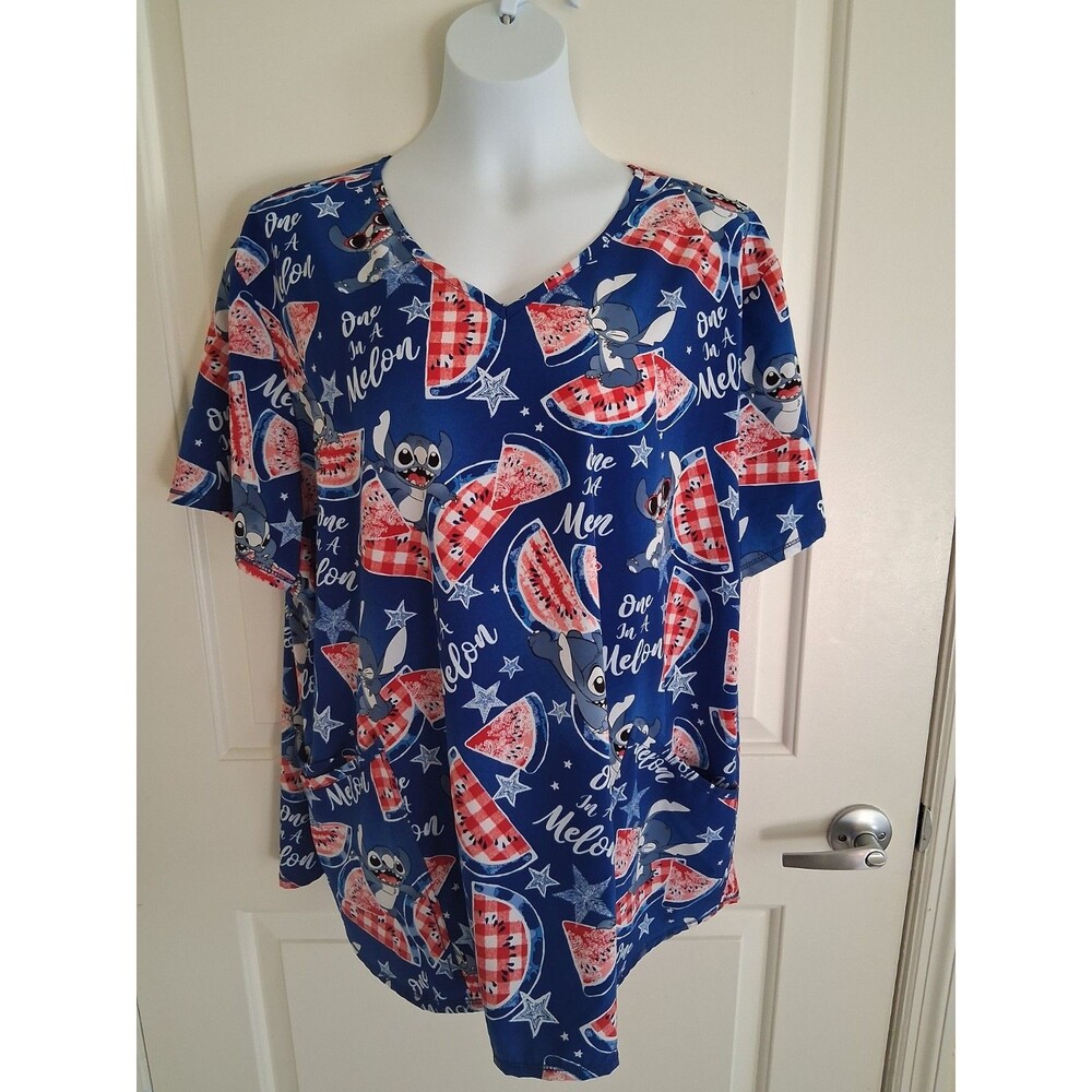Disney Lilo & Stitch Women's Print Scrub Top Size 3XL Blue Watermelon